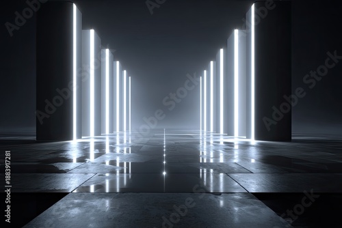 Futuristic perspective of a dark room with neon lights lining the walls