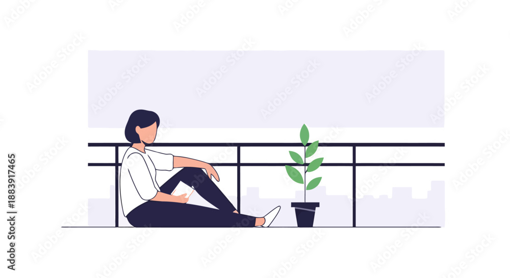 Obraz premium Young woman with short dark hair wearing a white shirt and dark pants sits on a balcony floor beside a potted green plant looking out over a city