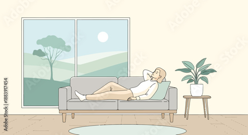 Relaxed Person Lounging Comfortably on Sofa Near Large Window Enjoying Scenic Outdoor View of Hills and Trees in Daylight A Peaceful Home Interior