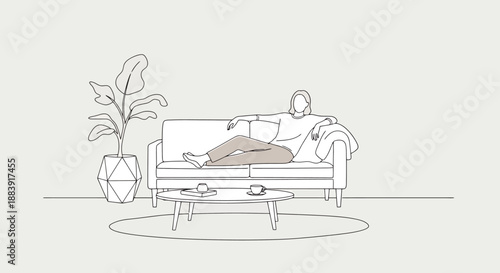 Person Relaxing on Comfortable Couch in Minimalist Living Room with Coffee Table and Houseplant Line Art Style