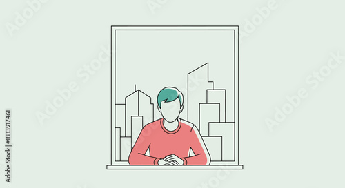 Person silhouetted against urban skyline view inside contemporary room contemplating cityscape architecture and modern development peaceful indoor