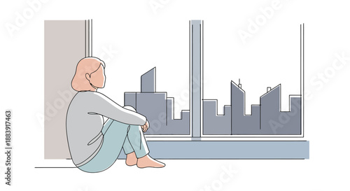 Young woman sits indoors by a large window looking out at a city skyline contemplatively illustration