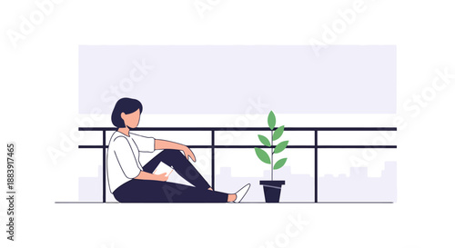 Young woman with short dark hair wearing a white shirt and dark pants sits on a balcony floor beside a potted green plant looking out over a city