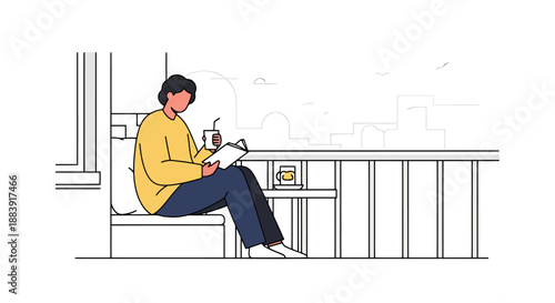 Person Enjoying Leisure Time Reading a Book and Drinking Coffee on a Balcony with Cityscape View During Daytime