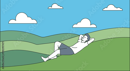 Person resting on grassy hill under a vast blue sky with white clouds in a peaceful landscape scene with undulating green terrain