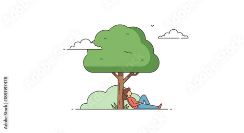 Person Relaxing Under Green Tree Shade Outdoors Enjoying Peaceful Summer Day With Clouds in Blue Sky