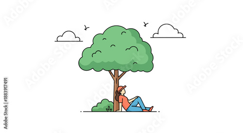 Person Resting Under Green Tree Summer Outdoors Leisure Activity White Background Calm Scene Relaxation Nature Break
