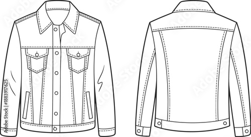 Modern denim jacket CAD flat technical fashion vector illustration, front and back view clothing design template, stylish streetwear apparel sketch for designers