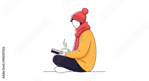 Person Wearing Winter Hat And Scarf Sitting Cross Legged Reading Book With Hot Drink In Hand Minimalist Style