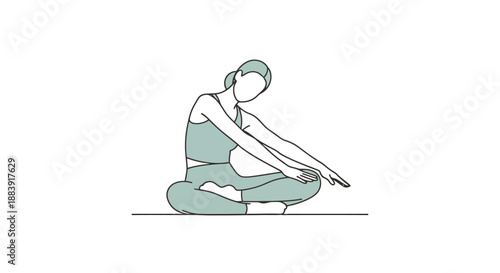 Woman performing a seated side bend stretch in a comfortable yoga pose for relaxation and flexibility training on a plain background