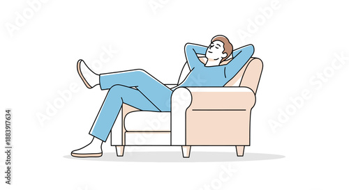 Man Relaxing Fully Enjoying Leisure Time While Lying Back Comfortably On A Soft Sofa Indoors With Calm Expression In Simple Style
