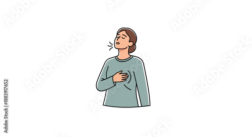 Woman Breathing Deeply With Hand On Chest Feeling Calmness Relaxation Peace Meditation Healthcare Wellness Concept