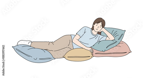 Woman Resting Comfortably Surrounded by Many Pillows Indoors on a White Background Illustration