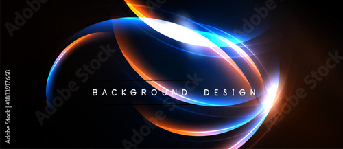 Abstract design features vibrant light trails forming elliptical shapes against dark backdrop. Modern, dynamic visual composition.