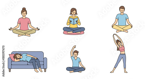 Diverse People Enjoying Leisure Activities Including Meditation Reading Relaxation and Exercise at Home
