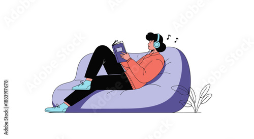 Person Relaxing on Comfortable Sofa Wearing Headphones Reading Book Enjoying Quiet Moment