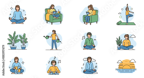 Collection of Diverse Activities Featuring a Person Practicing Mindfulness Yoga Gardening and Relaxing at Home or Outdoors