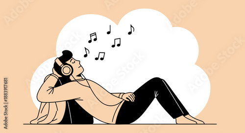 Person Enjoying Music With Headphones Relaxing Lying Down Surrounded By Musical Notes And Soft Cloud Outline