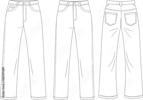 Modern denim jeans CAD streetwear flat vector illustration, front and back technical sketch, casual fashion pants template, editable clothing design mockup