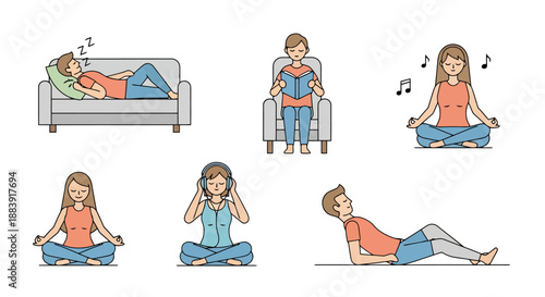 Various Relaxation Activities Including Sleeping Reading Meditation Listening Music And Exercise Represented By Simple Line Art Figures In A Clean