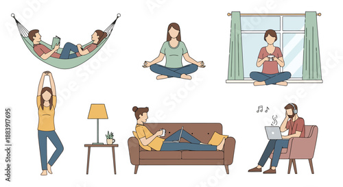 Illustrations depicting people enjoying relaxed indoor activities like reading meditating yoga stretching playing games and listening to music