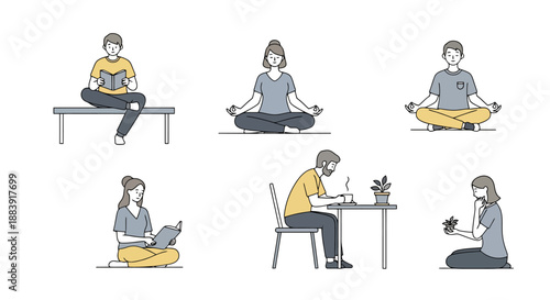 Diverse individuals engaged in peaceful mindful activities at home and outdoors showcasing personal growth and relaxation hobbies in flat design style