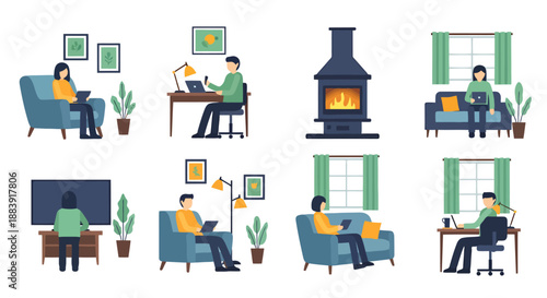 People Working Remotely From Home In Different Rooms Engaging In Daily Activities With Technology And Furniture