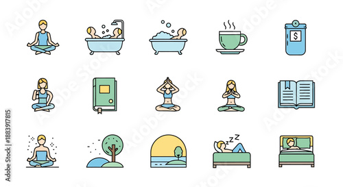 Wellness Self Care Activities Icons Representing Relaxing Hobbies And Healthy Lifestyle Choices For Digital Content