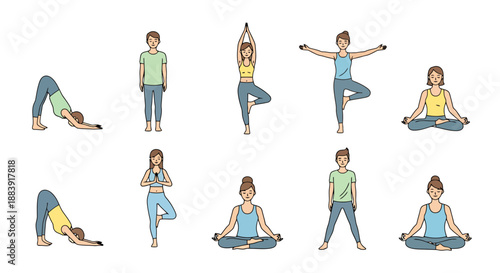 Collection Of People Performing Various Yoga Poses Demonstrating Health And Wellness Practices For Exercise And Lifestyle