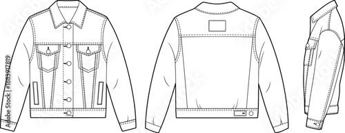 Modern denim jacket CAD flat technical fashion vector, front back side view design template, streetwear apparel sketch, stylish outerwear clothing 