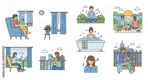 Diverse Lifestyle Scenes Representing Relaxation Recreation And Hobbies Including Reading Meditation And Outdoor Activities For Modern Living Concepts