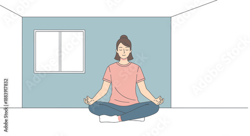 Relaxed Woman Meditating Calmly Sitting Floor Indoors Peaceful Zen Indoor Activity Self Care Serenity