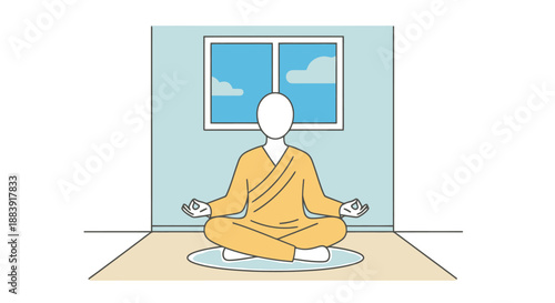 Person in Yellow Robes Meditating Calmly Indoors Near Window Viewing Outdoor Sky Peaceful Serene Atmosphere