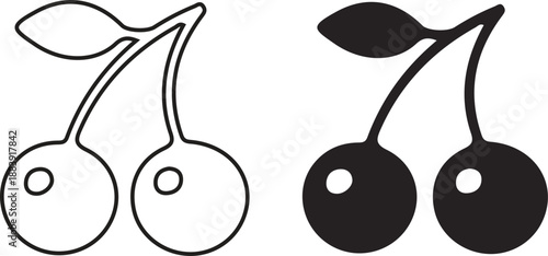 Cherry icon set in flat and line style vectors. Simple silhouette of two dark cherries with a single leaf on a stem for fresh fruit food concepts silhouette.