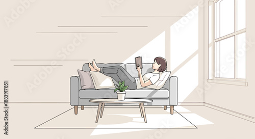 Young woman relaxing on a comfortable sofa with a book in a sunlit room with gentle daylight casting shadows across the floor