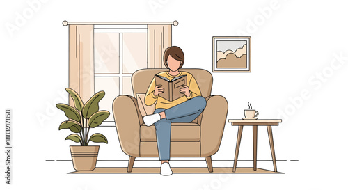 Person relaxing comfortably in armchair reading a book indoors with warm natural light from window casting gentle shadows on home interior peaceful