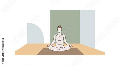 Woman practicing seated meditation in a calm studio environment with minimalist decor wellness and self care concept