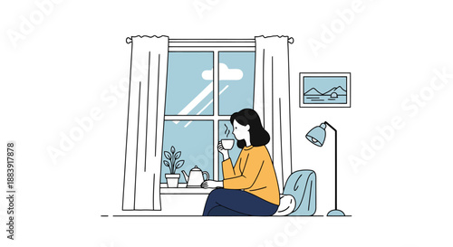 Woman Sitting By Window Enjoying Hot Beverage And Looking Outside At Cloudy Sky Daytime Leisure Activity Home Scene