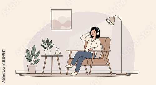 Young Woman Relaxing Indoors Listening to Music with Headphones While Sitting in Comfortable Armchair Next to Plants and Lamp