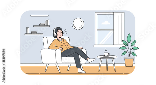 Person Listening Music Relaxing Indoors Sitting Armchair Window View Plants Cozy Home Atmosphere Modern Line Art Design Comfortable Leisure Time