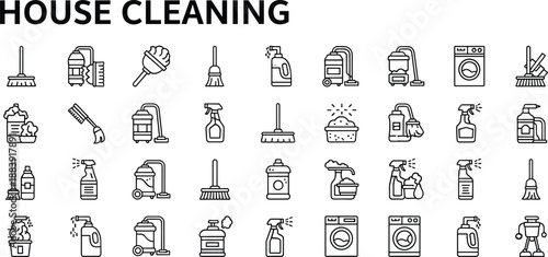 Black and white house cleaning on white background cleaning black and white line broom vacuum