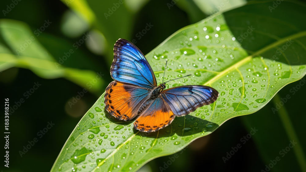 Obraz premium Blue and orange butterfly resting on a dew-covered leaf in a lush green forest