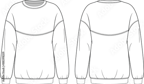 Oversized crew neck sweatshirt fashion flat sketch vector illustration with drop shoulders, chest yoke seam detail, ribbed cuffs, and hem, comfortable casual wear CAD drawing
