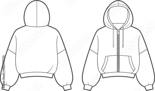 Oversized cropped zip hoodie CAD flat with kangaroo pocket, drawstring hood, dropped shoulder and cuffed sleeve hem, clean fashion apparel technical illustration