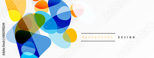 Abstract colorful shapes overlap, creating dynamic visual effect. Bright hues blend with transparency, modern design element.