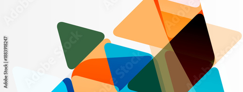 Abstract geometric shapes overlap, creating vibrant color blocks. Composition features triangles, squares, rectangles, soft gradients. Modern design.