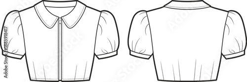 Peter pan collar puff sleeve cropped blouse flat front and back cad drawing with zipper closure fashion technical garment template for sewing production