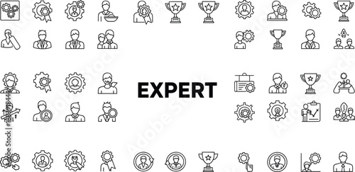 Black and white of people and gears with expert text