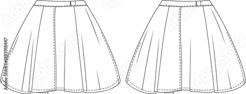Pleated high waist midi skirt CAD technical flat drawing with front and back view, sewing pattern outline for fashion design template and apparel production
