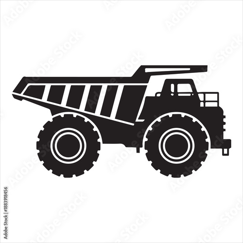 Black silhouette icon of huge mining dump truck heavy transport.